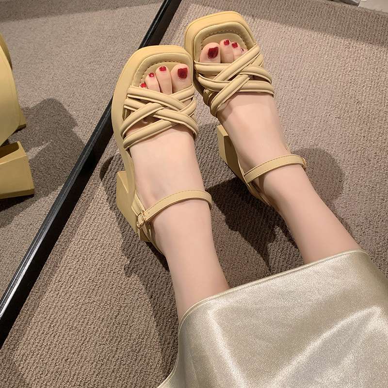 Coarse Heel Roman Sandals Women's 2025 New Summer Fashion Casual Women's Shoes Waterproof Table Wedge Heel High Heels Foreign Style