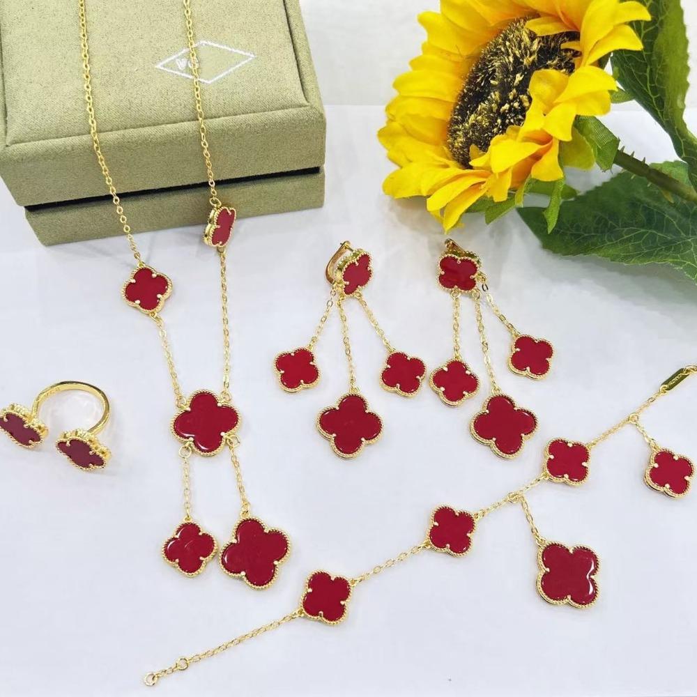 5-Piece Set New Four-Leaf Clover Jewelry Set Fashion Tassel Earrings Temperament Simple Versatile Senior Sense Of Necklace Earrings Bracelet Set