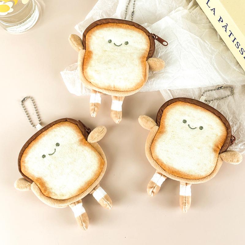 Cartoon Toast Coin Purse Keychain Cute 2-In-1 Fluffy Bread Shaped Keyring With Zipper Pocket For Women Kids Kawaii Gifts Charms