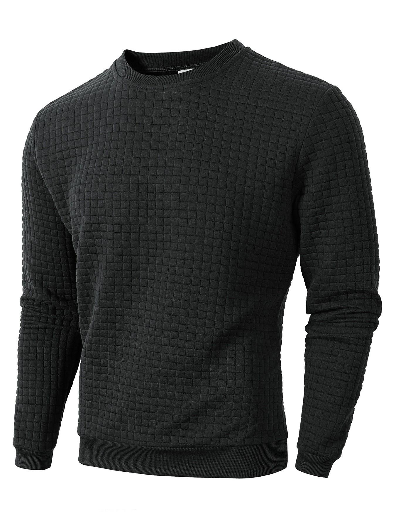 

Men s Solid Color Waffle Knit Hoodie - Round Neck, Small Plaid, Loose Fit Pullover, Long Sleeve M чорний
