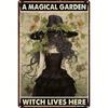 Moonzida Vintage Metallplåtskylt "Här bor en magisk trädgårdshäxa" - Retro Häxväggkonst Dekor för Halloween, Inomhus Utomhus H
