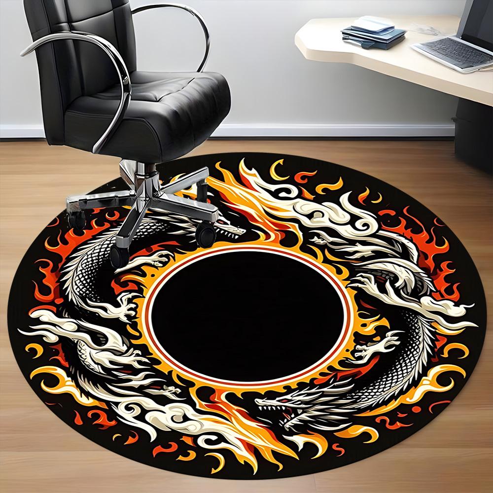 1PC Dragon Flame Circle Office Round Rug, Non Slip, Soft and Durable Office Rug for Interior Decoration, Perfect for Office