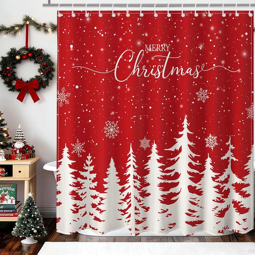 Christmas Shower Curtain Winter Red Snowflake Christmas Tree Shower Curtain For Christmas Bathroom Decor Waterproof Fabric Xmas