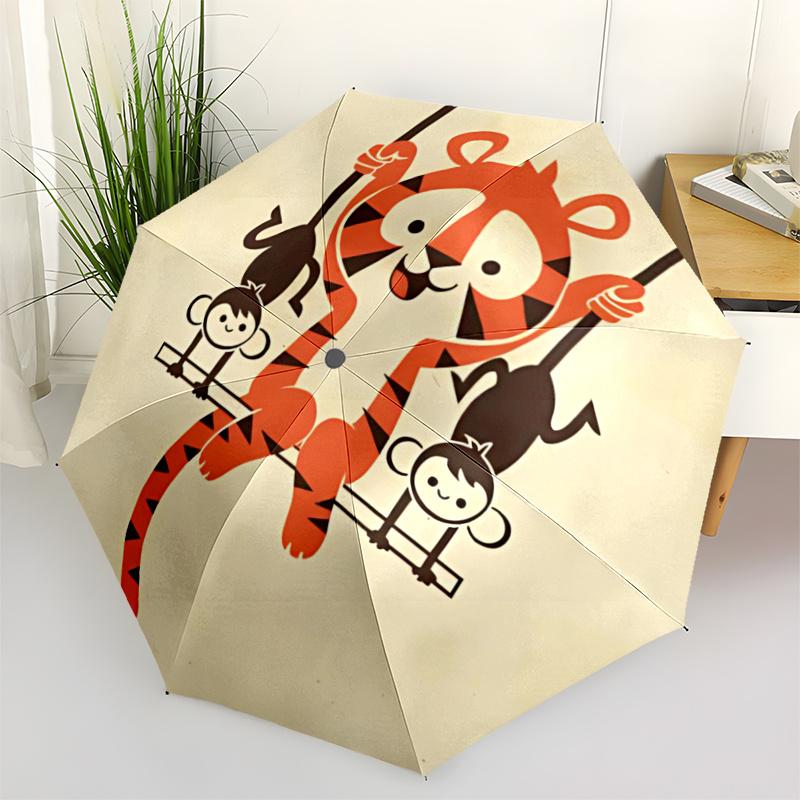 1pc Tiger Monkeys Automatic Open/close Umbrella, 8-Rib Sturdy Structure, Portable Travel Umbrella, Parties, Everyday Use, 31