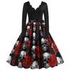 2021 Halloween Skull Print V-Neck Burnout Long-Sleeve Flared Dress with Ribbon