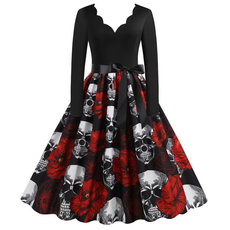 2021 Halloween Skull Print V-Neck Burnout Long-Sleeve Flared Dress with Ribbon M