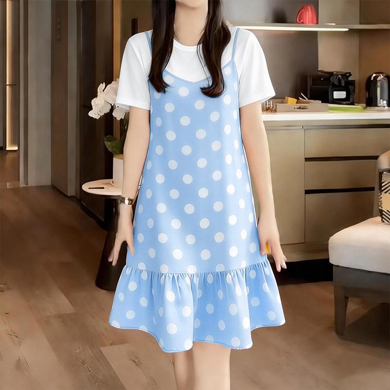 ZANZEA Women Casual Round Neck Short Sleeve Polka Dot Print Patchwork Summer Dress