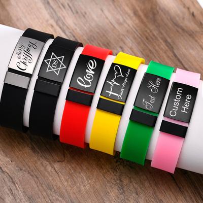 Pulseiras de Identificação Lisas Personalizáveis para Mulheres, Pulseira de Silicone Casual com Placa de Aço Inoxidável com Logo Médico, Comprimento Ajustável