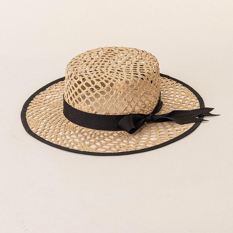 New Elegant Women'S Black Bow Straw Hat Hollow Woven Flat Top Sun Hats For Women Summer Beach Travel Beach Vacation Caps