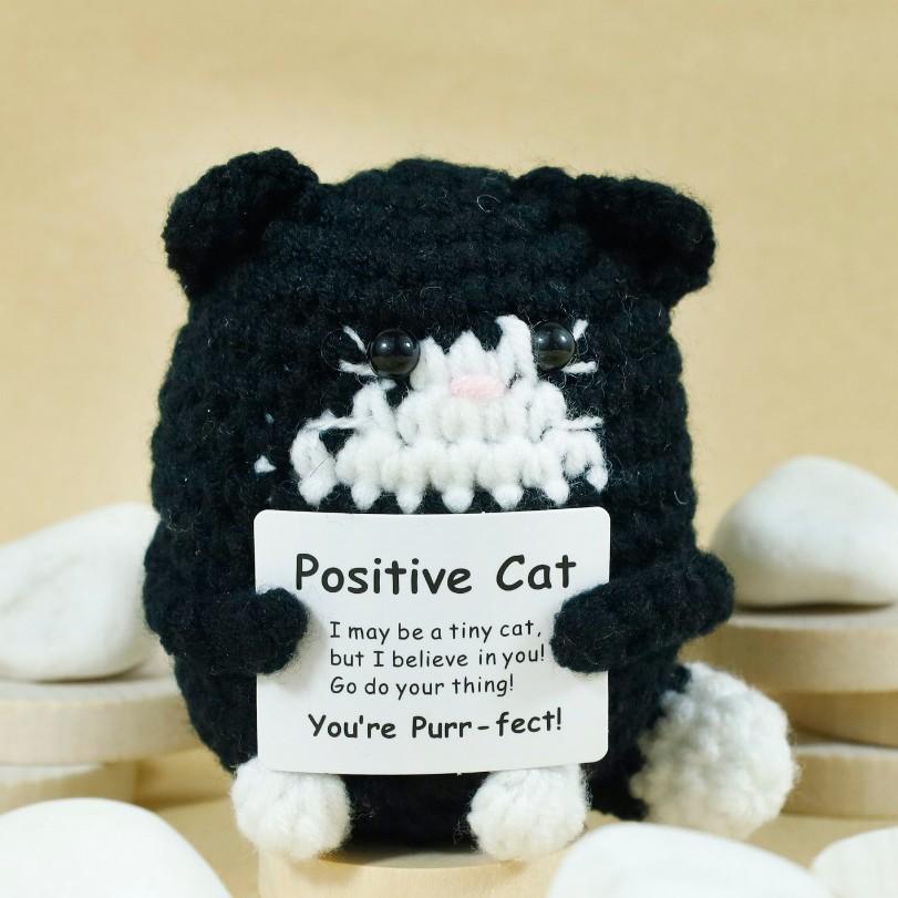 Funny Crochet Positive Cat Doll With Card Home Room Decoration Handmade Knitted Cat Christmas Doll Ornament Christmas Party Gift