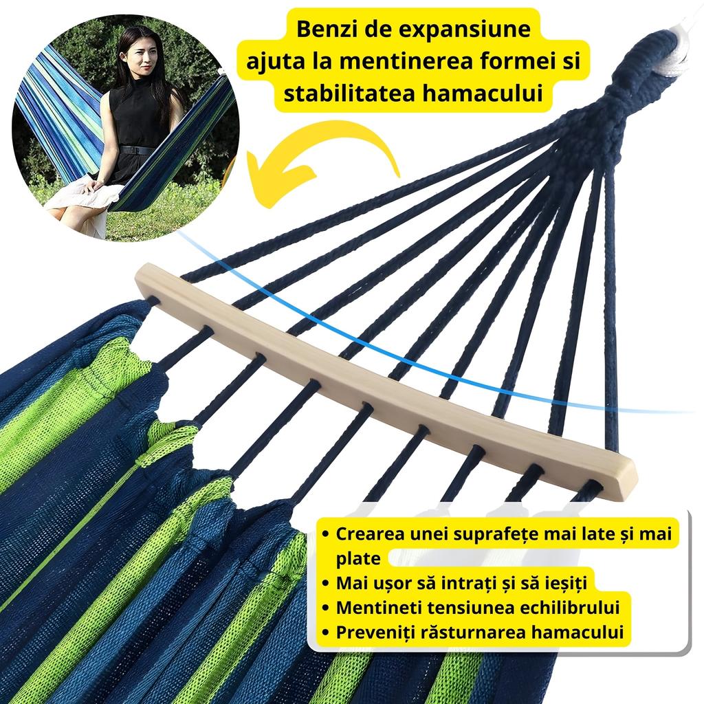 Double Hammock De Gardina 260×150 Cm GALAXIA® Blue Green Wooden Bar Cotton Double Hammock