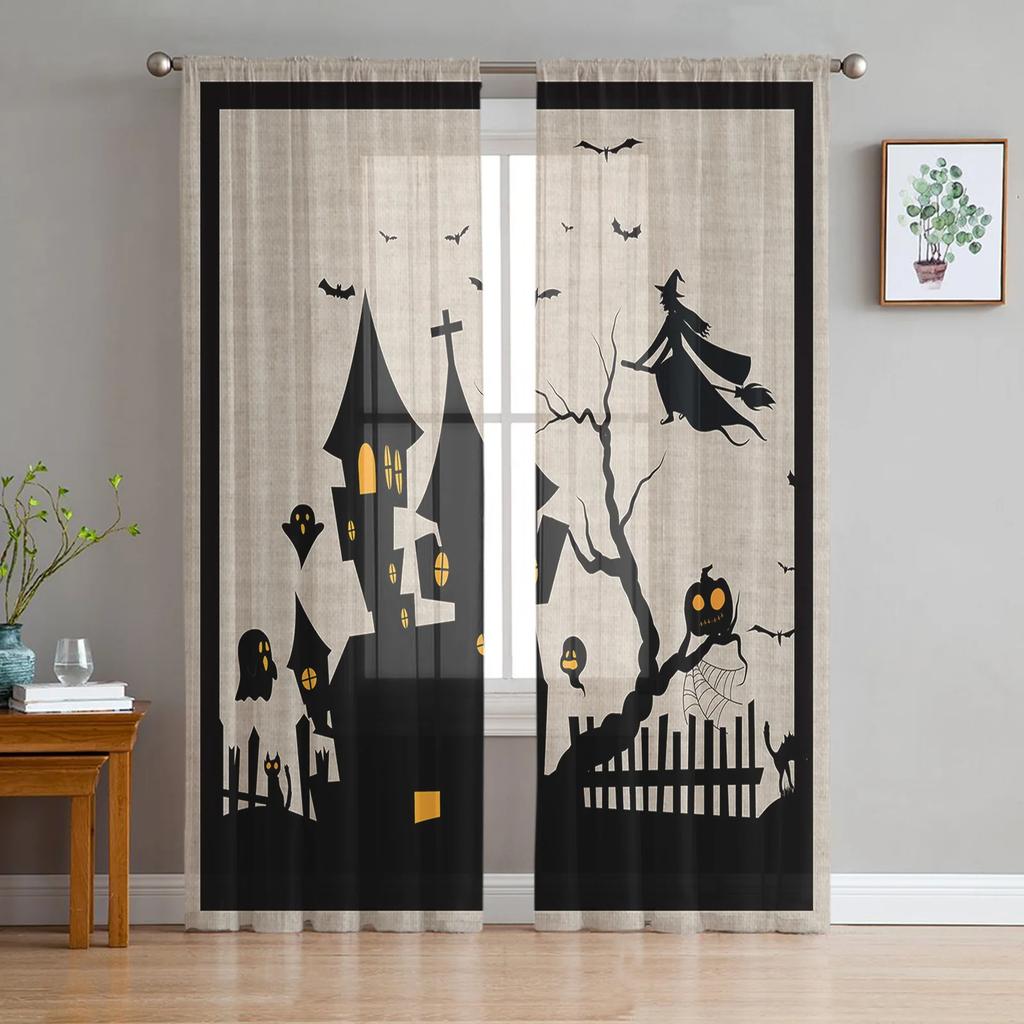 Halloween Bat Pumpkin Curtain Window Tulle Living Room Bedroom Kitchen Chiffon Treatment Decorations Curtains Light Filtering Polyester Sitting