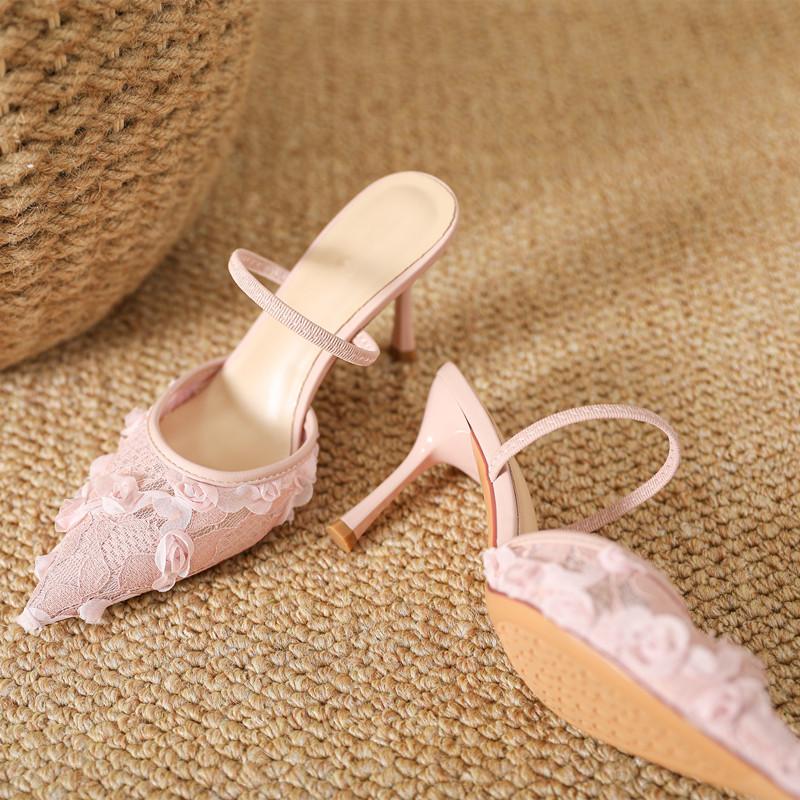 Mode Mode Spitze Blumen Mesh Damen Pumps Elegant Spitz Zehenbereich Slingbacks Stiletto Hohe Absätze Pantoletten Sommer Weiblich Party Kleidschuhe