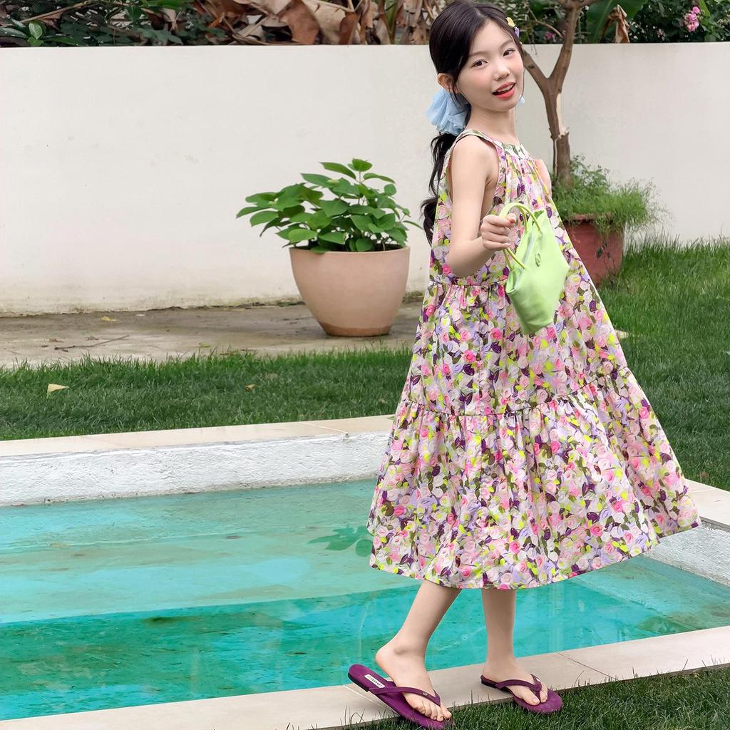 Girls' Floral Halter Summer Dress: Korean-Style Sweet Princess Attire for Middle and Older Children