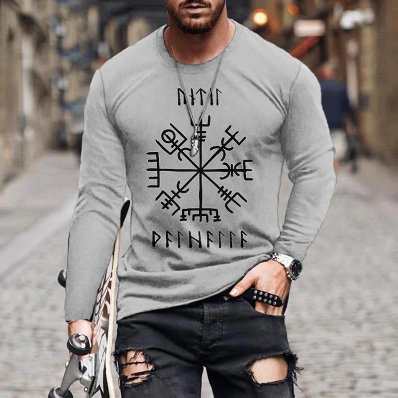 Men's Retro Viking Norse Mythology Totem 3D Printed Casual T-shirts Round Neck Fashionable Long Sleeved T-shirts