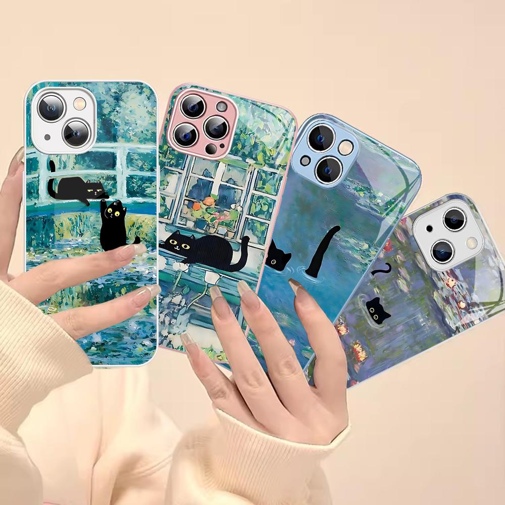 Cartoon Animal Black Cat Oil Painting Phone Case Tempered Glass For Iphone 14 13 12 11 Pro Mini XS MAX 14Plus X XS XR Fundas