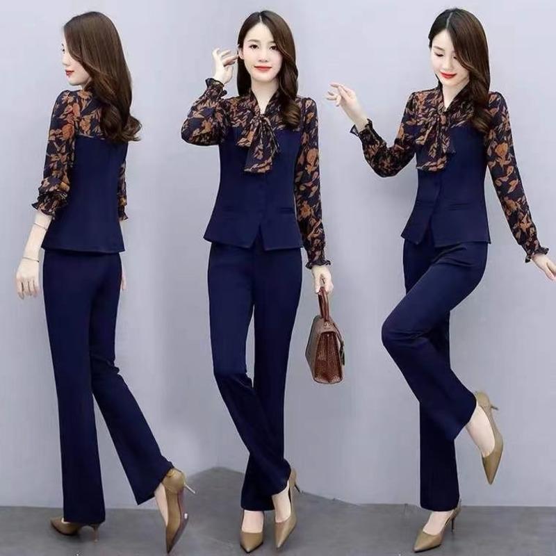 Women's Chiffon Printed Suit Spring And Autumn Fashion Slim Tops Wide Leg Pants 2 Two Piece Set Cute Outfits For Women