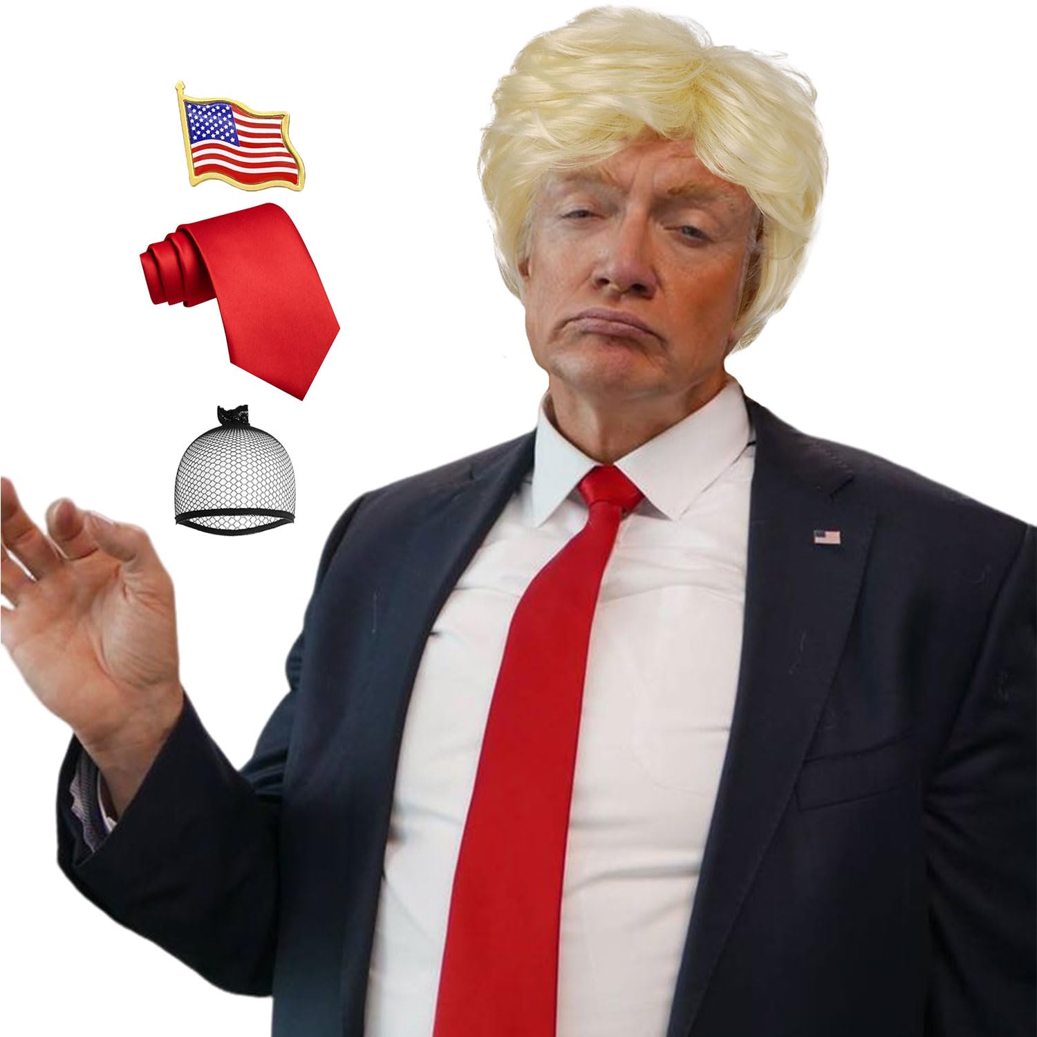 Synthetic 3pc Donald Costume Kit Red Tie Flag Pin Compatible with Pres Donald Wig Halloween Costume for Adults Couples Cosplay 3Pcs/Lot