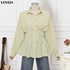 VONDA Women Turn Down Collar Long Sleeve Striped Print Slim Waist Casual Blouse Shirts