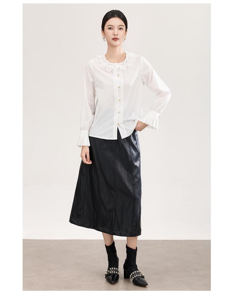 Anti-Wrinkle French Style Lace-Embroidered White Cotton Shirt