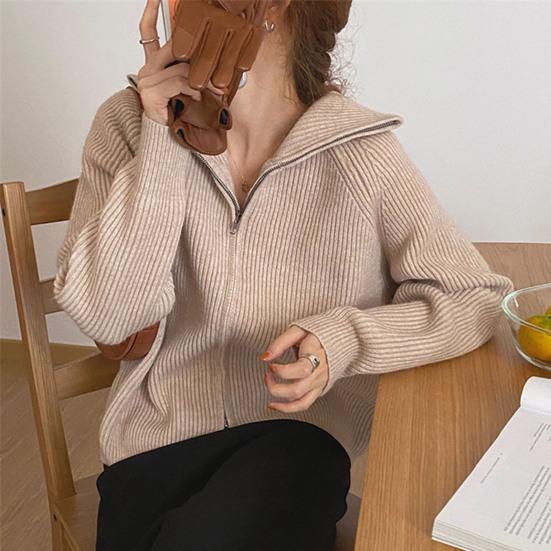 Damen Pullovermantel, einfarbig, Revers, lange Ärmel, doppelter Reißverschluss, Fliegendesign, Strickmantel, lässiger Pendlerstil, Oberbekleidung