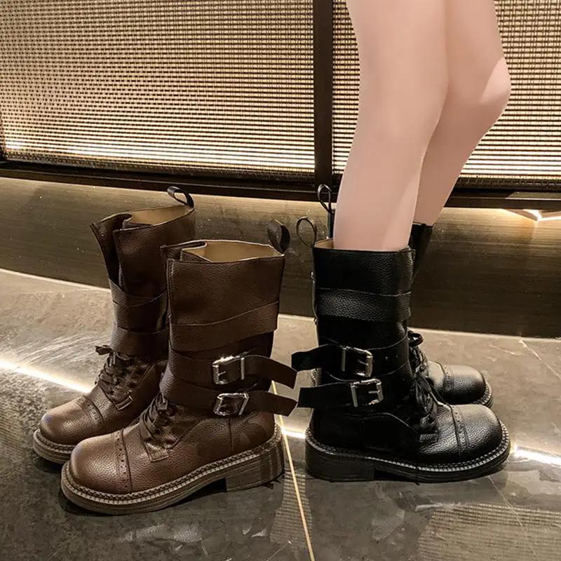 Fashion Brand Designe Metal Belt Buckle Mid Calf Boots Women 2025 Punk Medium Heel Western Cowboy Boots Fashion Winter Shoes Women