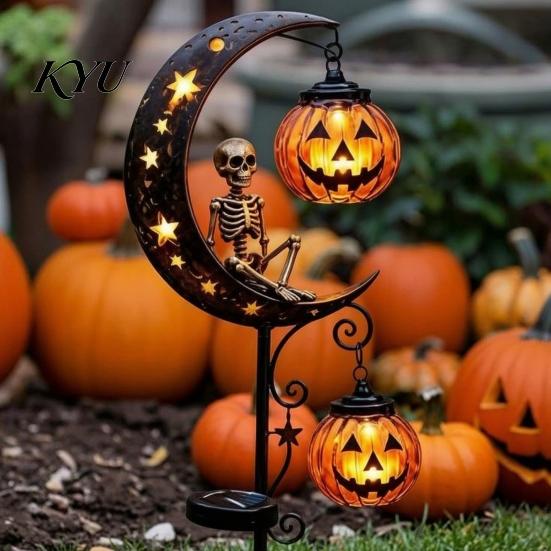 Decorative Stakes for Flower Beds Solar Halloween White Ghost Pumpkin Moon Garden Stake Light, Waterproof LED Glowing Landscape Lights Yard
