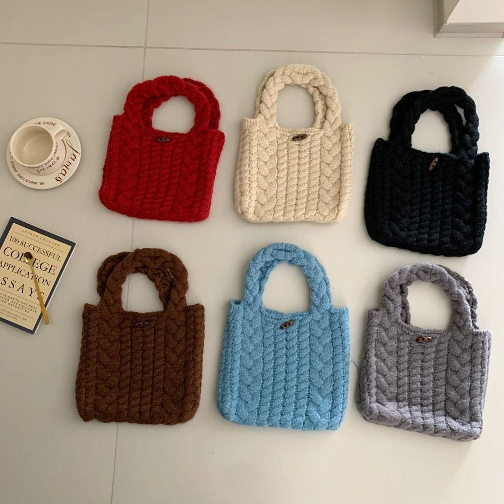 Cow Horn Button Twists Knitted Handbag Multicolor Knitted Wrist Bag Weave Woolen Bag Shopping Bag