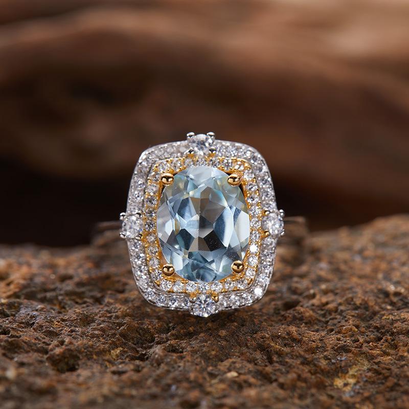 S925 Sterling Silver 18K Gold Natural Gemstone Ring Light Luxury Index Finger Ring Energy Jewelry Women