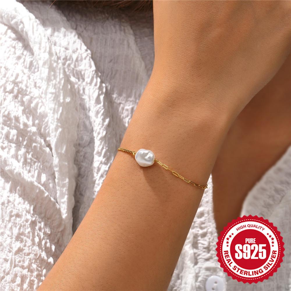Simple Stylish S925 Sterling Silver Paper Clip Double Spell Irregular Baroque Special Shaped Pearl Bracelet Bracelet