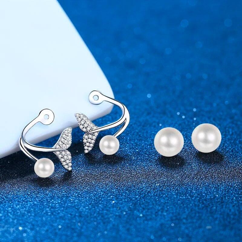 D Color 0.24CT Moissanite Mermaid Ear Jacket Front Back Ear Cuffs Double Pearl Stud Earring Freshwater Cultured Pearl Earrings Studs