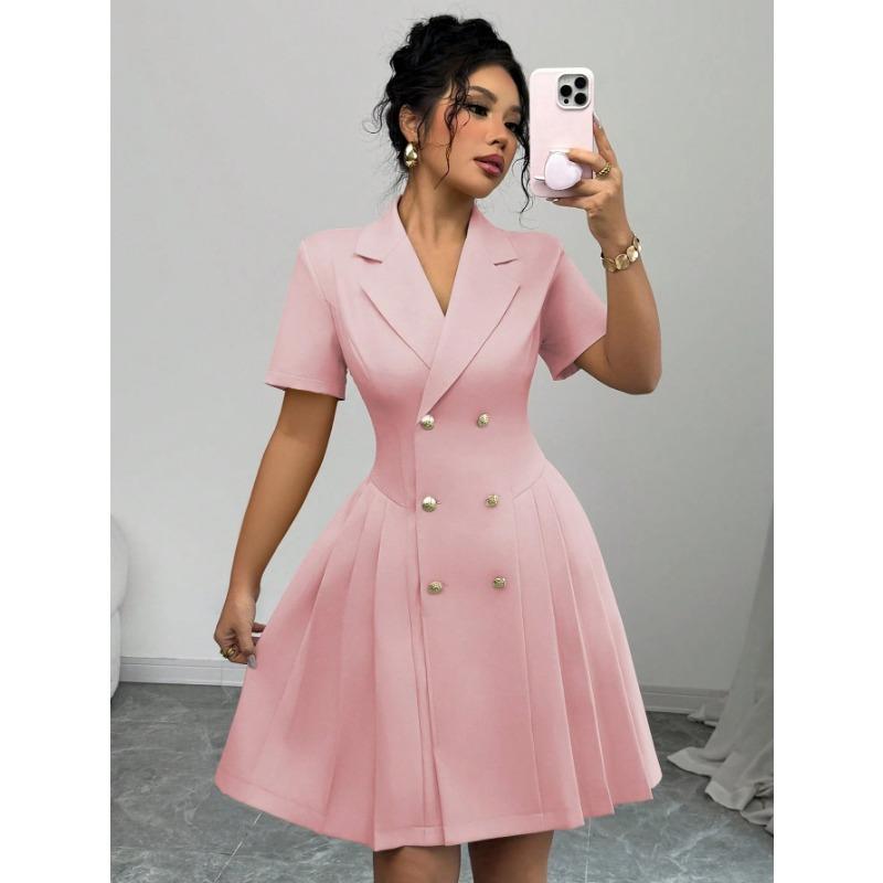 YYFS Women's Fashion Summer Spring Solid Color Print Short Sleeve POLO Neck High Waist  Casual Dresses