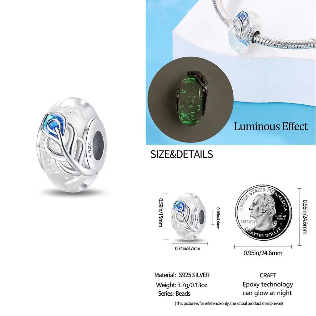 Colorful Copper Blue Glow-In-The-Dark Murano Princess Glass Beads Fits Original Bracelet Jewelry Set Accessories