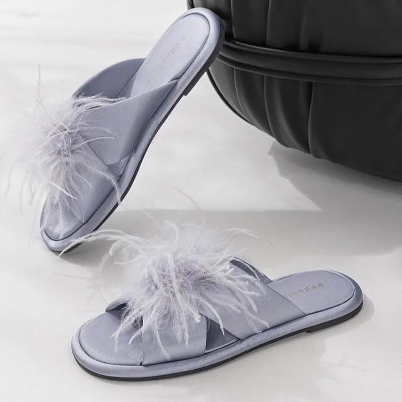 Fashion Feather Decoration Home Slippers Women Sexy Open Toe Cross Tied Flat Slipper Comfortable Light Soft-soled Indoor Slipper 40 4900₽