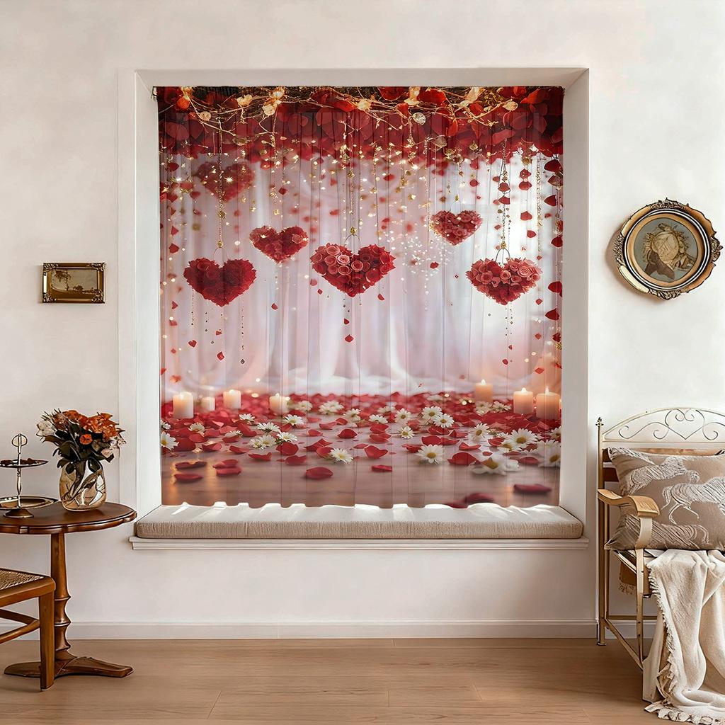 Valentine Day Decorative Curtain Heart Rose Flower Holiday Decoration Design Lightweight Breathable Semi Transparent Polyester Material Suitable