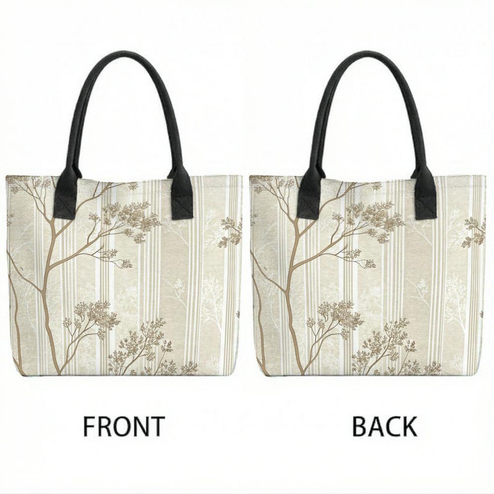  Elegant Tree Print Tote Bag Large Capacity Casual Canvas Shoulder Bag for Daily Use