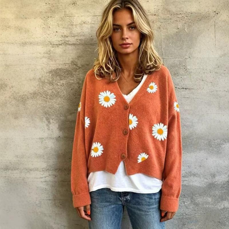 Cardigan Maglione da Donna S con Scollo a V e Manica Lunga a Maglia con Motivo Floreale