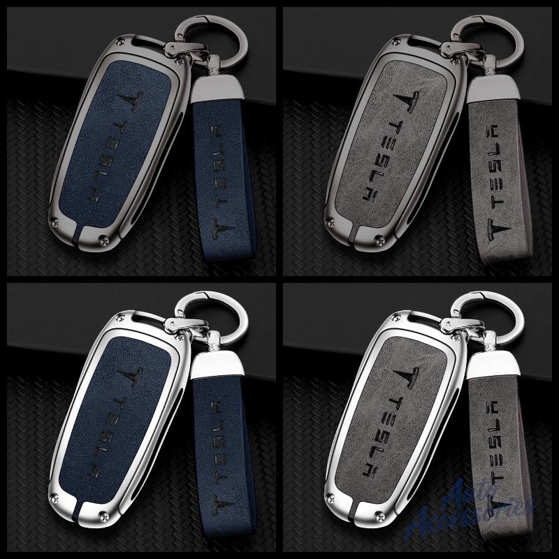 ALN1 Alloy Car Smart Remote Key Case Cover Protection Shell Keyring For Tesla Model 3 Model Y Model S X Leather Keychain Accessories