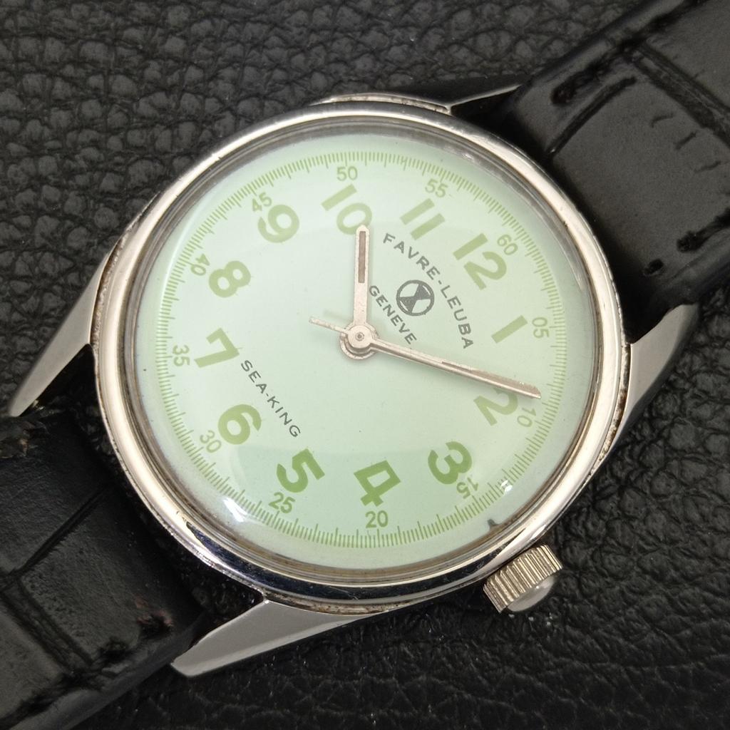 HAND-WINDING VINTAGE FAVRE LEUBA SEA KING SWISS MENS SIGN CASE WATCH A702024-5 R208-a702024