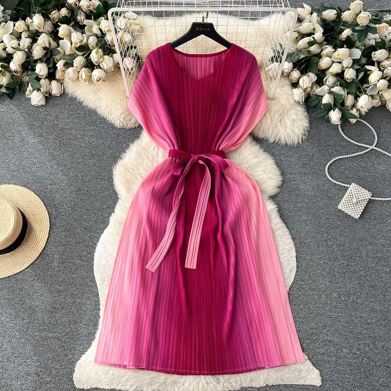 

Accessible Luxury Elegant Retro Gradient Color Dress Female Summer French Lace-up Waist-Controlled Slimming Ruffle A- line Skirt Rose Red One size