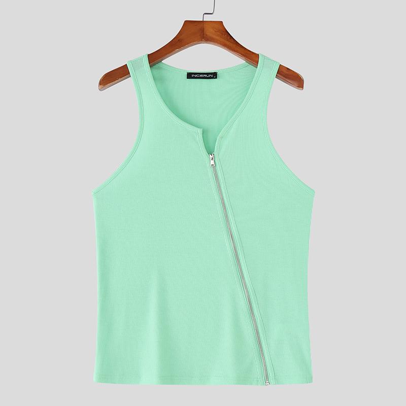 

INCERUN Summer Men Strap Sleeveless Zip-up Casual Fitted Rib Tank Tops 3XL зелёный