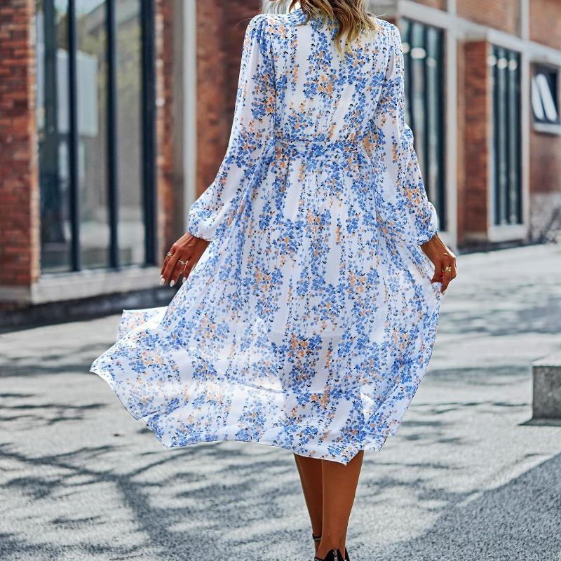 YYFS Women's Fashion Spring Fall Flower Pattern Print Long Sleeve V-Neck High Waist Casual Dresses