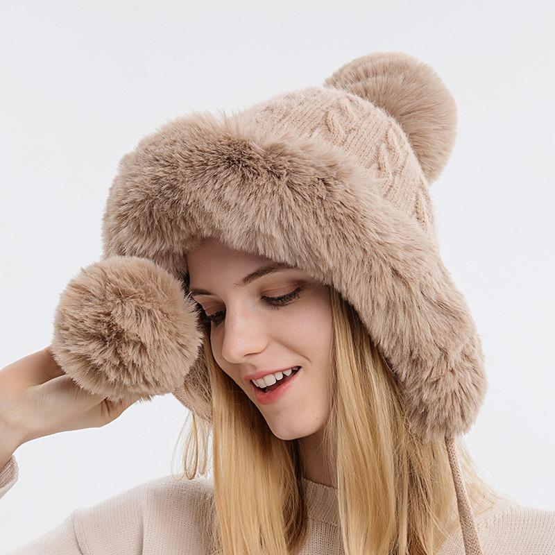 Winter Cute Warm Knitted Hats for Women Cartoon Cat's Ears Two Balls Earflap Cap Plush Fluffy Thicken Warm Fur Beanie Hat Female