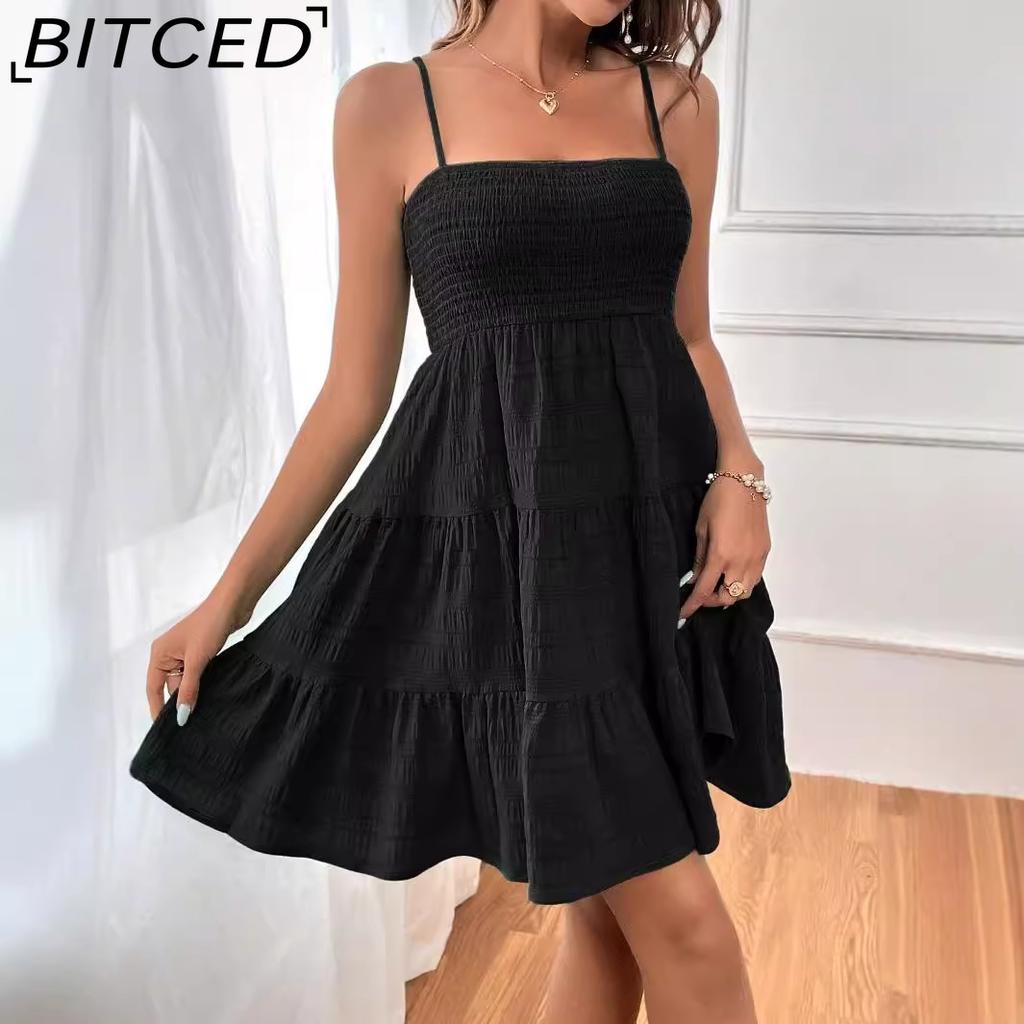 BITCED Women's Summer Off-the-Shoulder Fine-Strap Solid-Colour Textured Dress