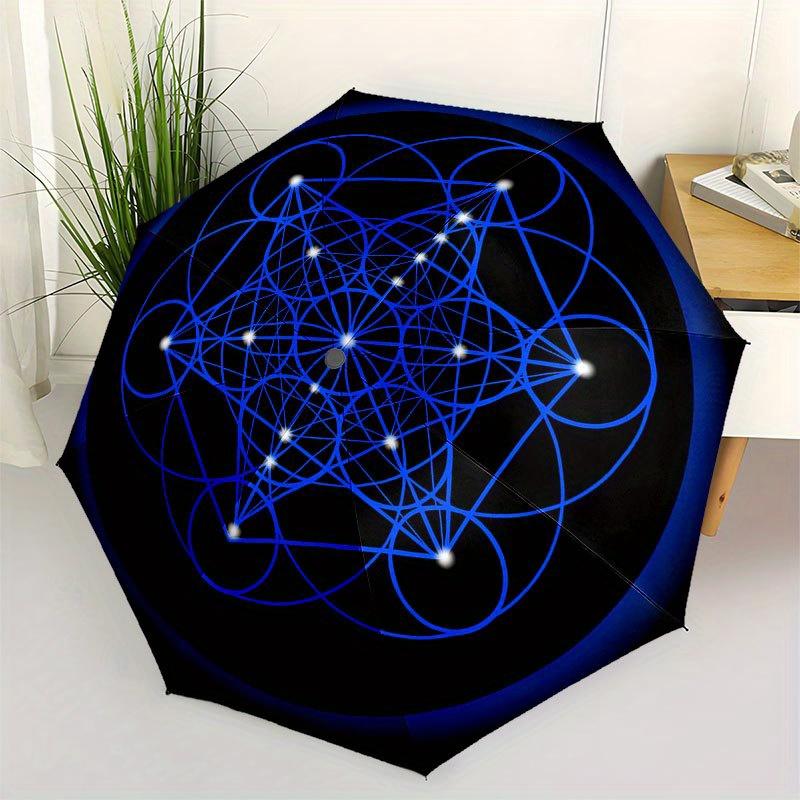 Sacred Geometry Mandala: Blue Spiritual Art Print Umbrella, Cute Umbrella with Cute Design, Portable 3-Fold Compact Umbrella for Men & Women, Valentin