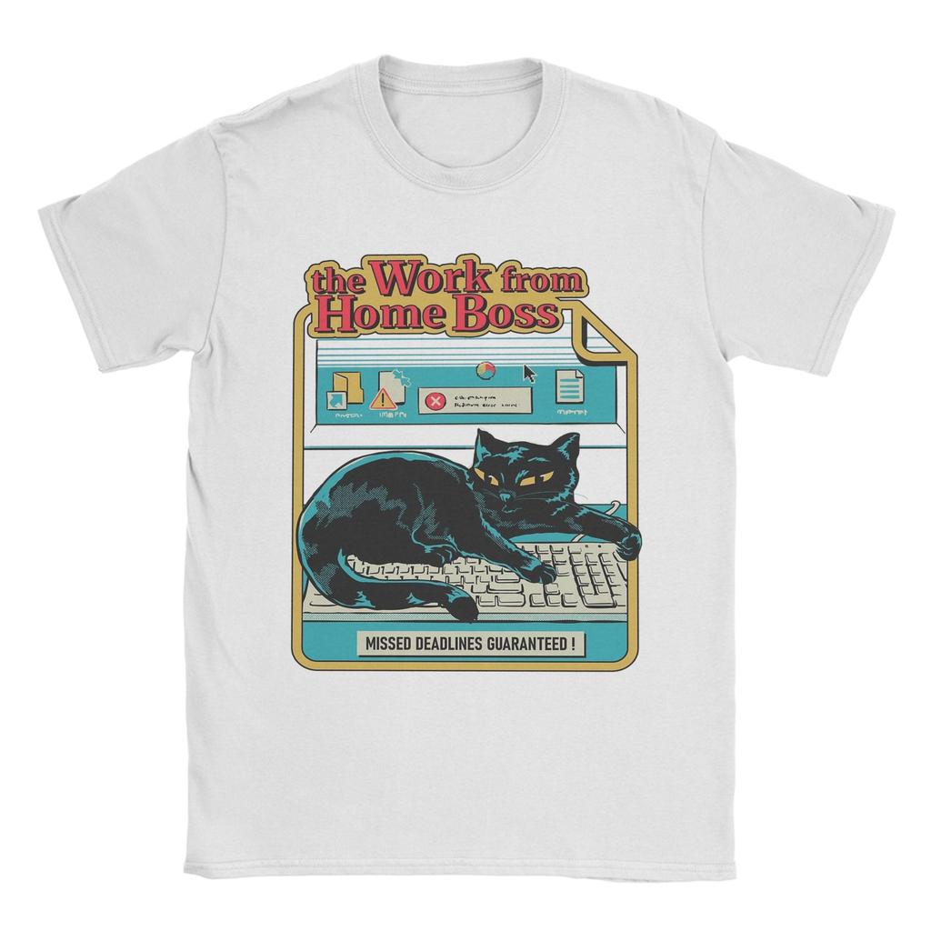 Vintage Work from Home Boss Cat Playing Computer Games T-Shirt Men Pure Cotton T Shirt Short Sleeve Tee Shirt Plus Size Clothing