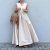 Elegant V-Neck Sleeveless Midi Dress With Pleated Skirt High Waist Cotton Linen Blend Women Office Chic