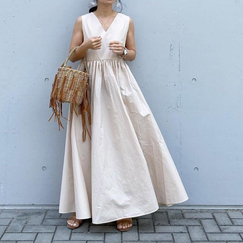 Elegant V-Neck Sleeveless Midi Dress With Pleated Skirt High Waist Cotton Linen Blend Women Office Chic