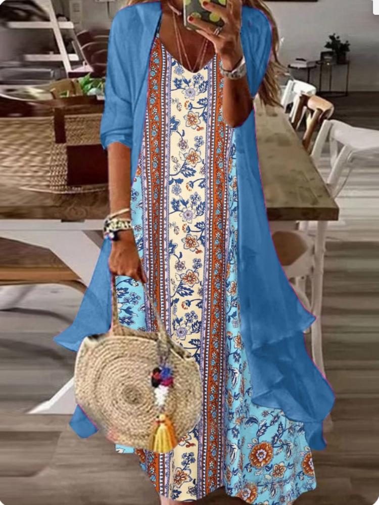 Women's Teal Lace Maxi Dress with Matching Cardigan for Casual Wear