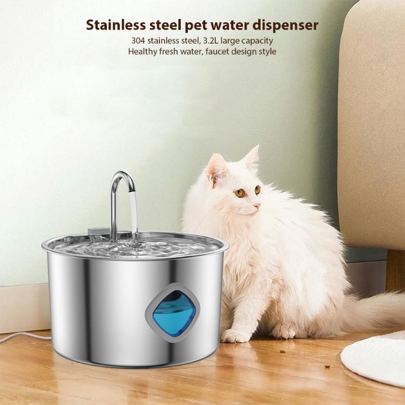 3.2L Pet Water Dispenser Stainless Steel Automatic USB Water Fountain For Dog Cats with MultiLayer Filtration Systems